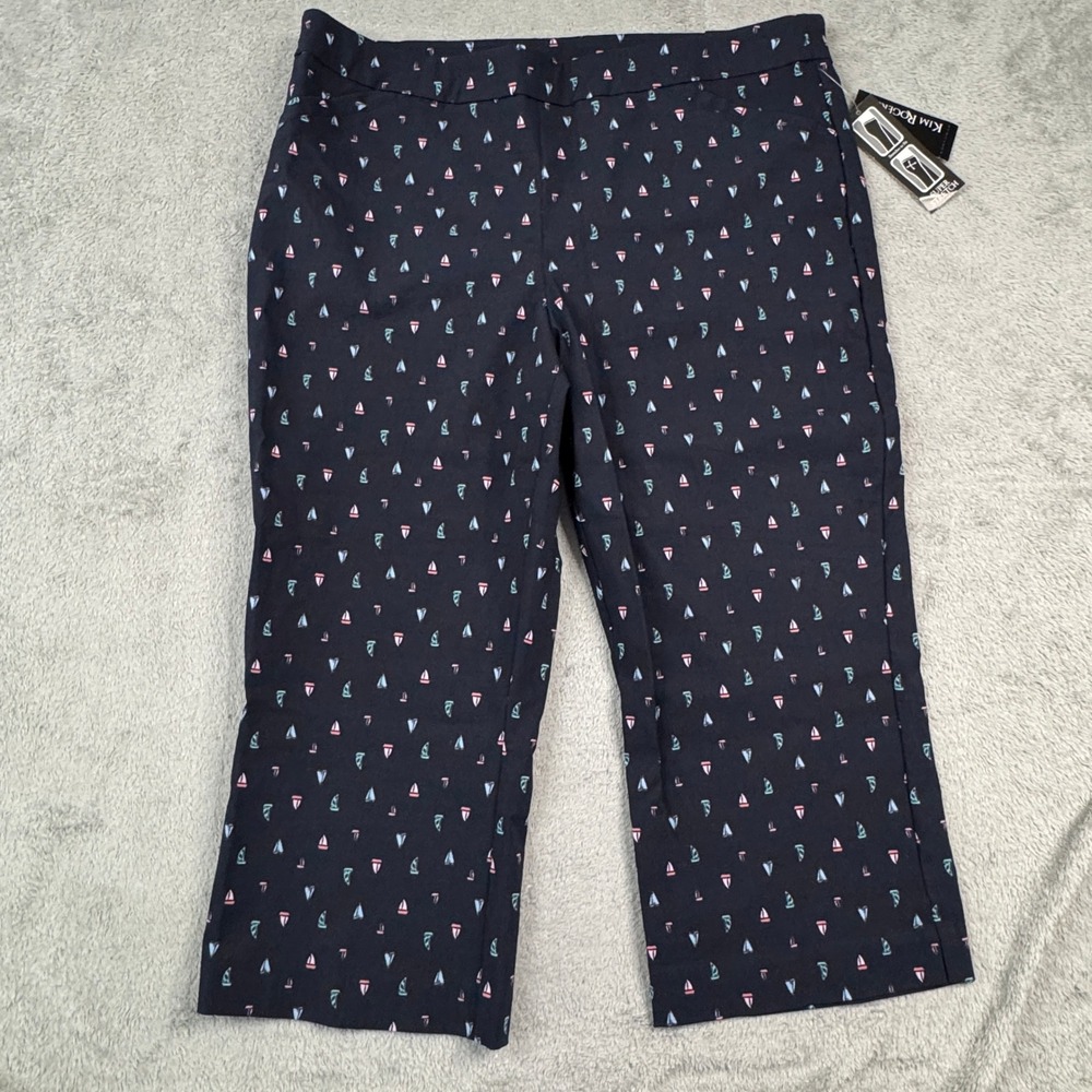 NWT Kim Rogers‎ Womens 16 Navy Sailboat Print Super Stretch Capri Pants